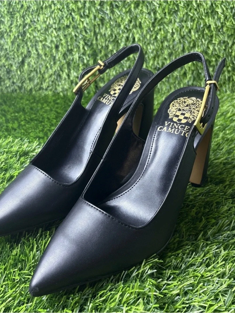 Vince Camuto Black Pointed Slingback Block Heel Pumps with Gold Buckle
